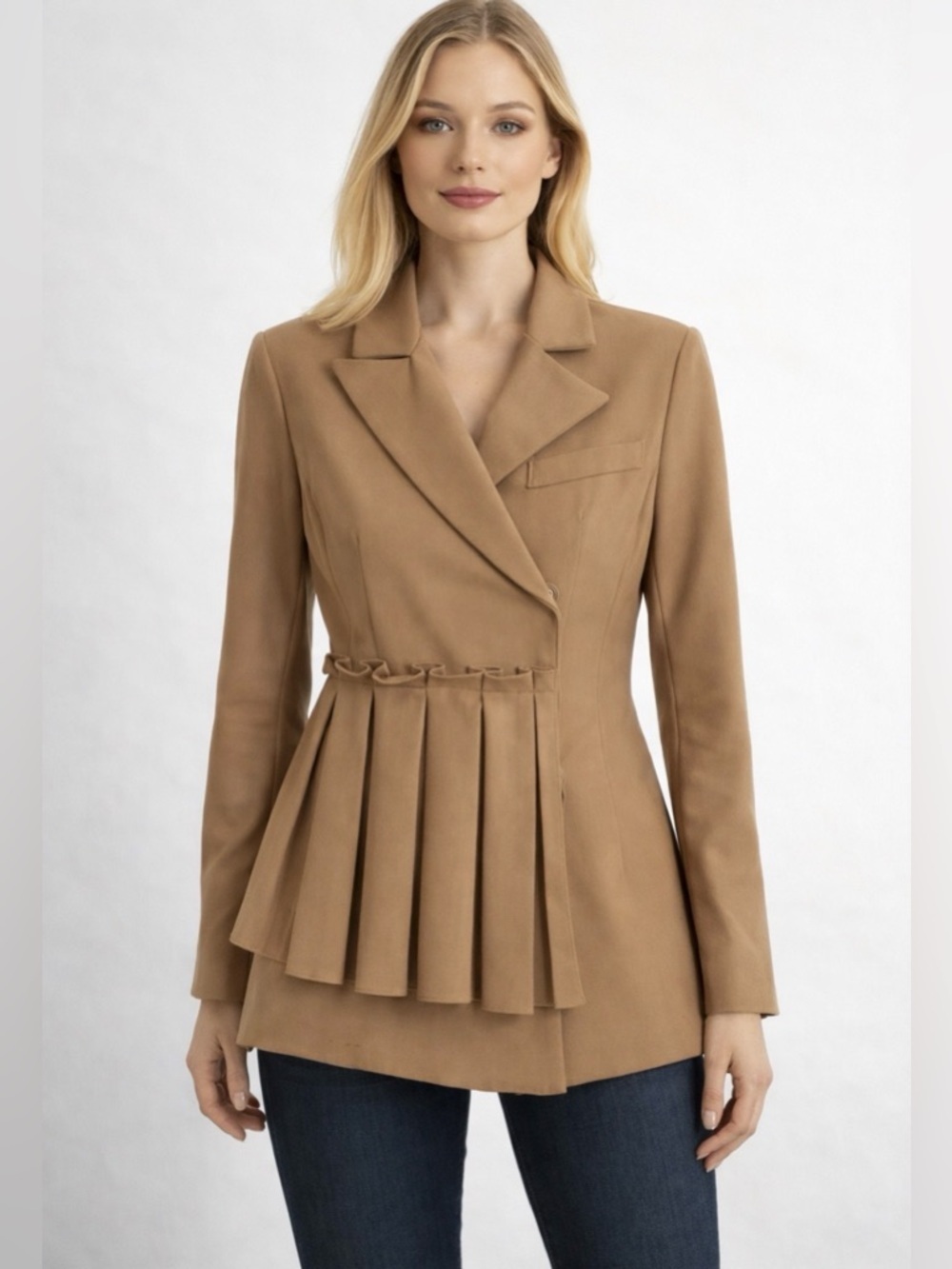 Storets Double Breasted Pleated Vintage Style Chic Blazer Jacket Tan Size Small